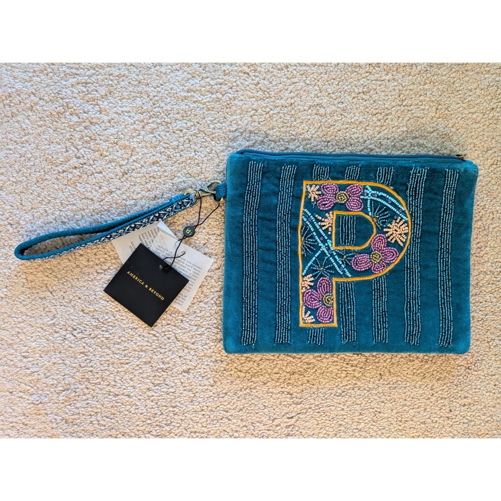 America & Beyond Teal‎ Beaded Initial P Wristlet Clutch Bag Floral Velvet New